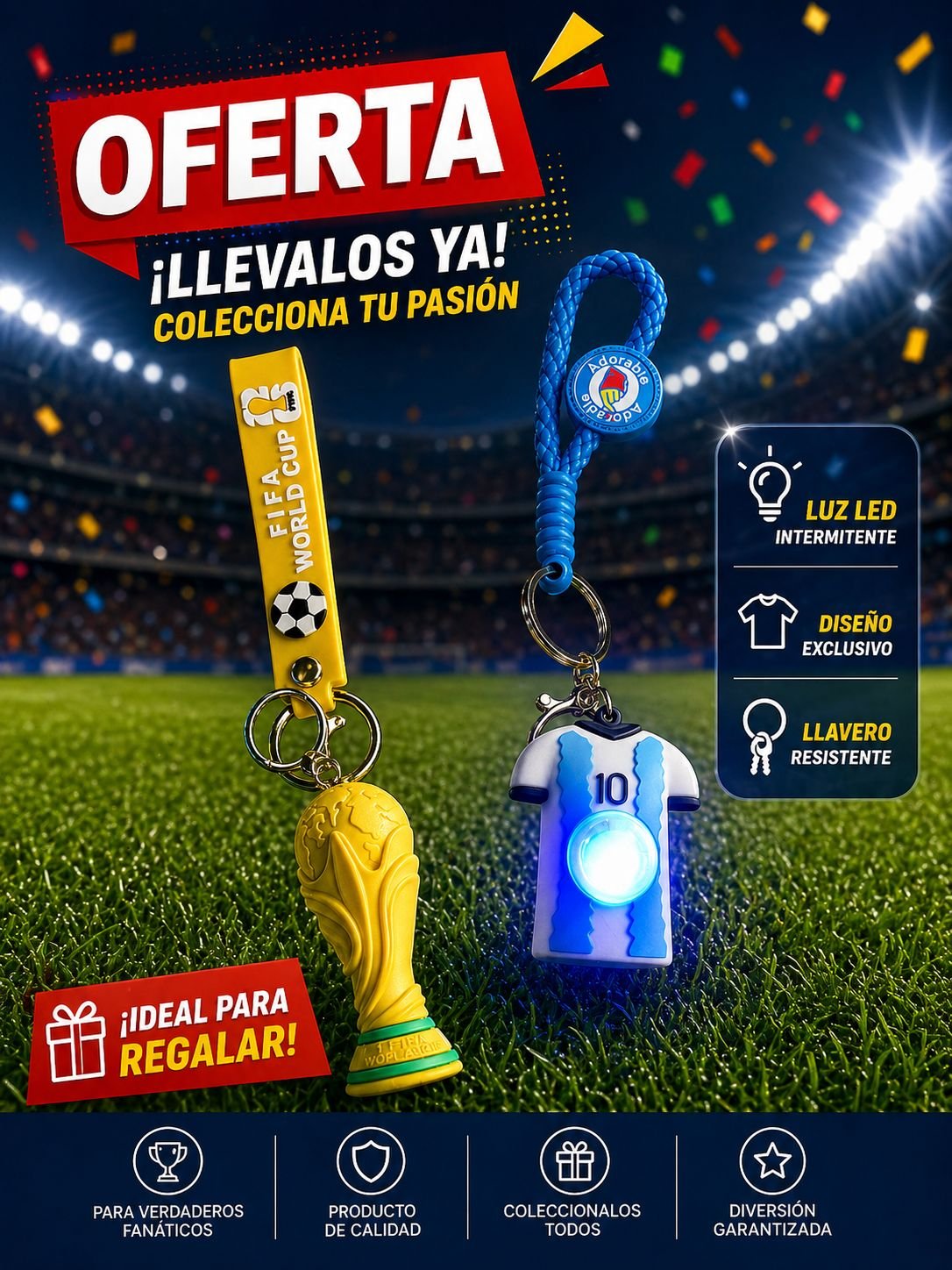 Llaveros Mundial (camiseta y copa) con luz LED